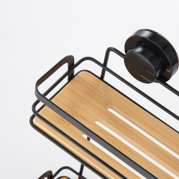 Black Bamboo Bathroom Shower Rack With Easy-Lock Suction Wall Mounted Basket Shelf