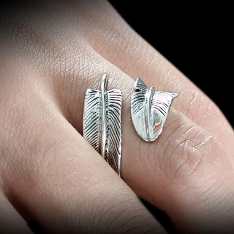 925 Silver Feather Ring Vintage Plume Adjustable Opening Band Ring (011231W)