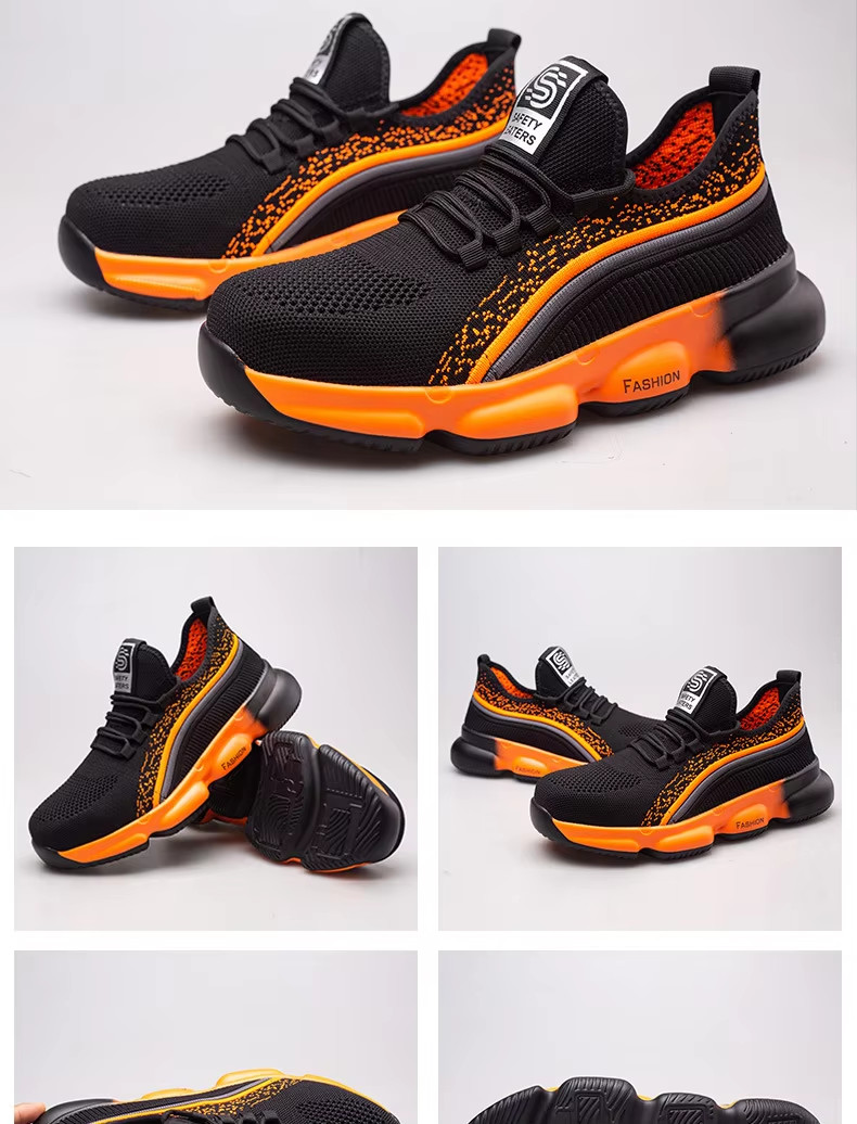 Black Comfortable Kevlar Mid Sole Anti-stab Work Shoes With Steel Toe Breathable Flying Knit