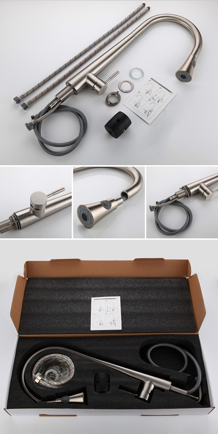 stainless steel Pull Out Black Single Hole Kitchen Faucet Mixer Hot Cold Brushed