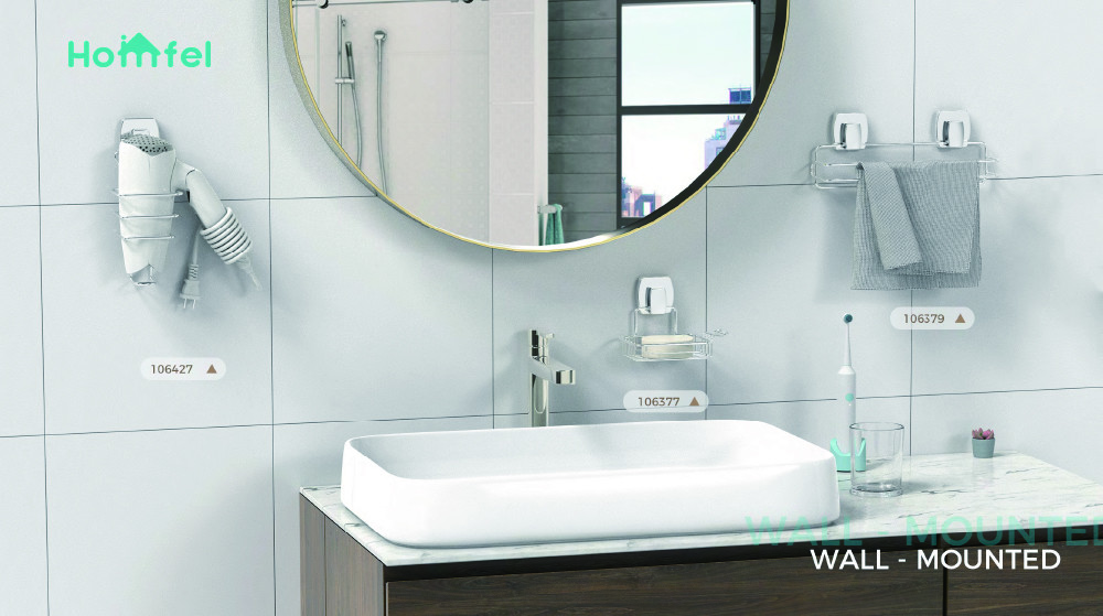 Stainless Steel Wall Mounted Bathroom Organizer with Suction Cup and Iron Wire Rack