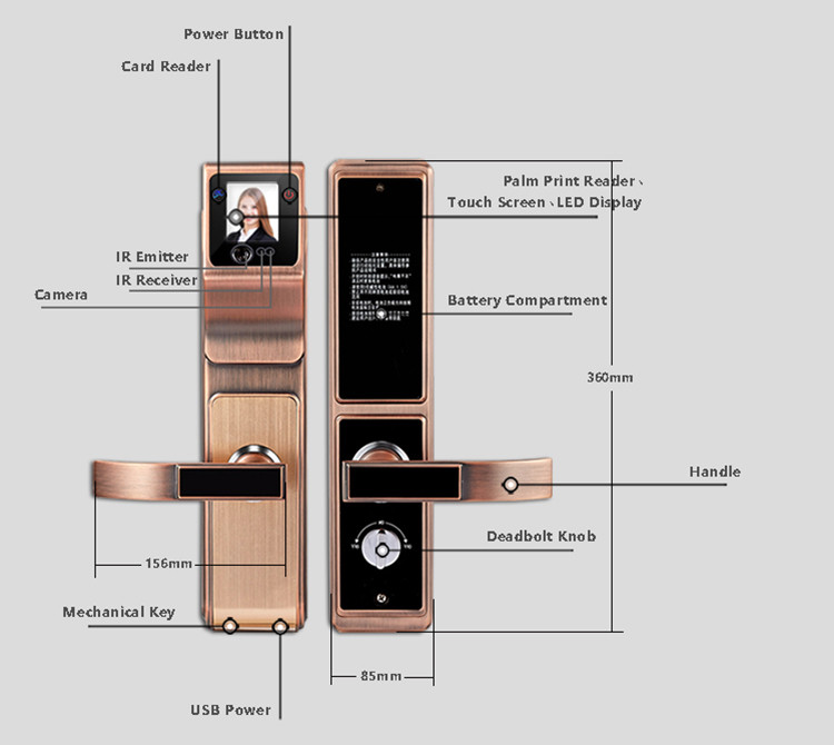 Security Big Panel Fingerprint Zinc Alloy Door Lock IR Face Recognition