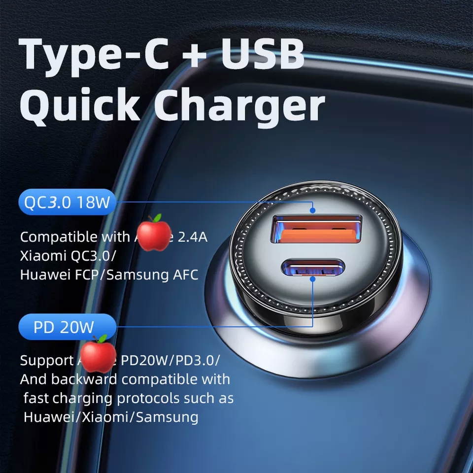 Fireproof PC Phone USB Car Chargers Mini 20W PD3.0 QC3.0