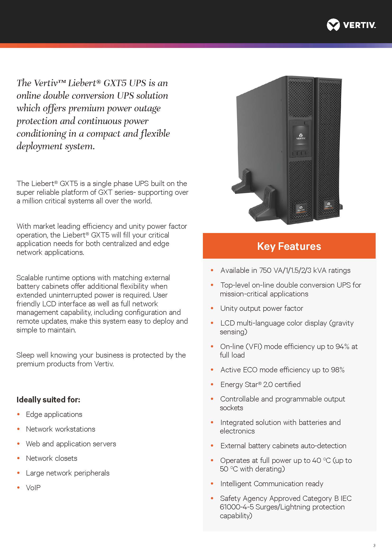 Vertiv GXT5 Tower/Rack-mounted 750W 1000W 1500W 2000W 3000W Online UPS for Telecommunications