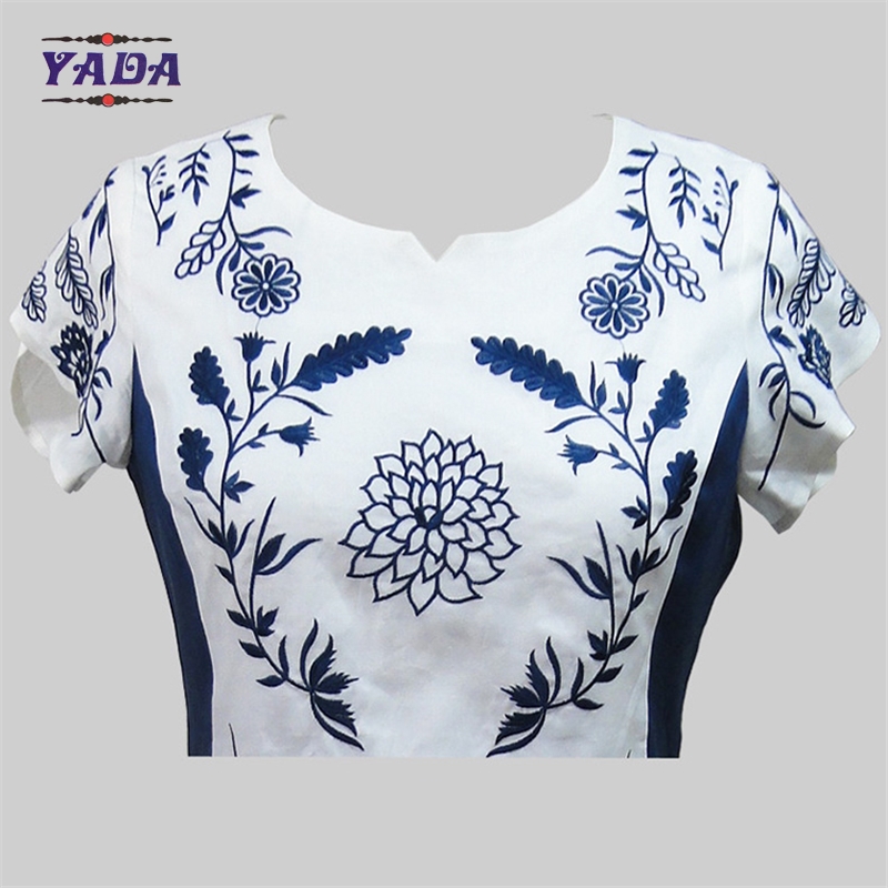 Elegant round neck embroidery summer one piece party swing dress dinner dresses western wear for ladies