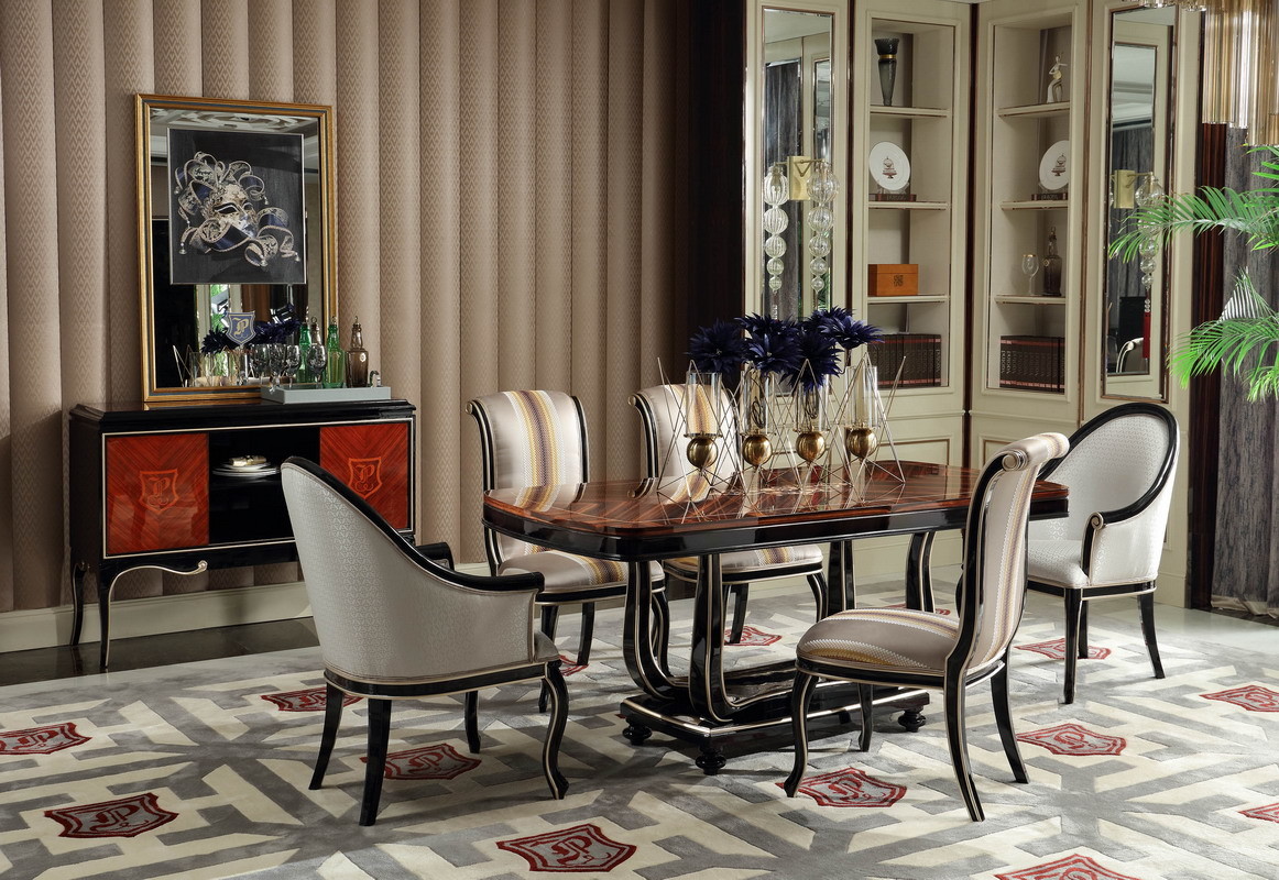 French Luxury Furniture Dining room Tables in glossy painting Ebony wood with Leather Upholstered Chairs and Buffet