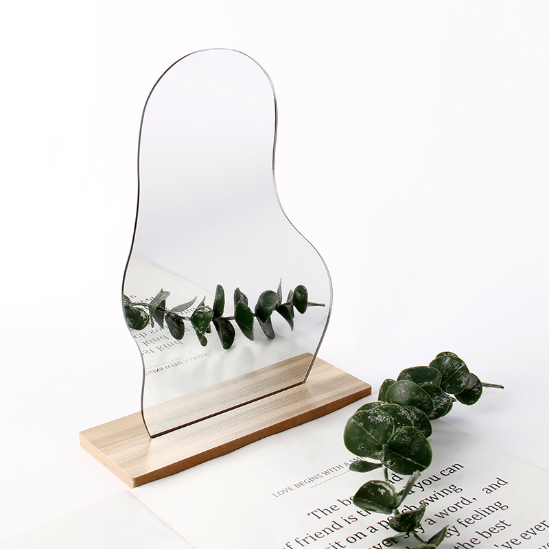 Curvy Portable Lighted Makeup Mirror Wood Stand For Vanity