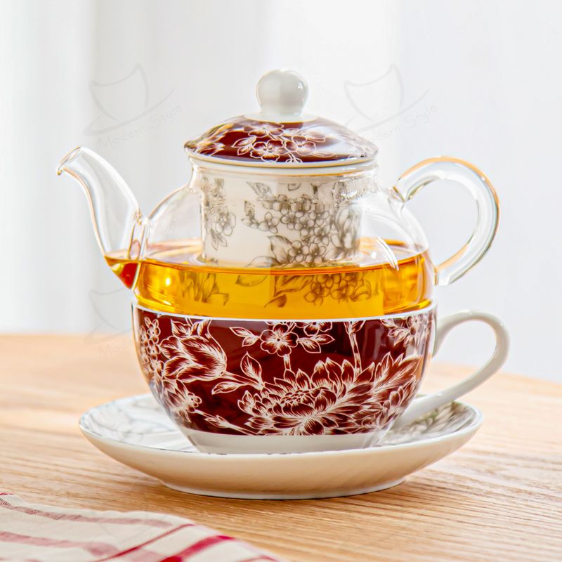 High Borosilicate Glass Teapot Cup And Saucer Set Flower Design Style Sustainable for gift