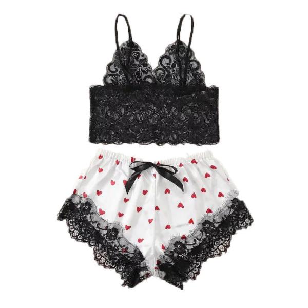 2 Pieces Sweet Heart Print Sexy Underwear Lace Short Sleeve Satin Sexy Lingerie