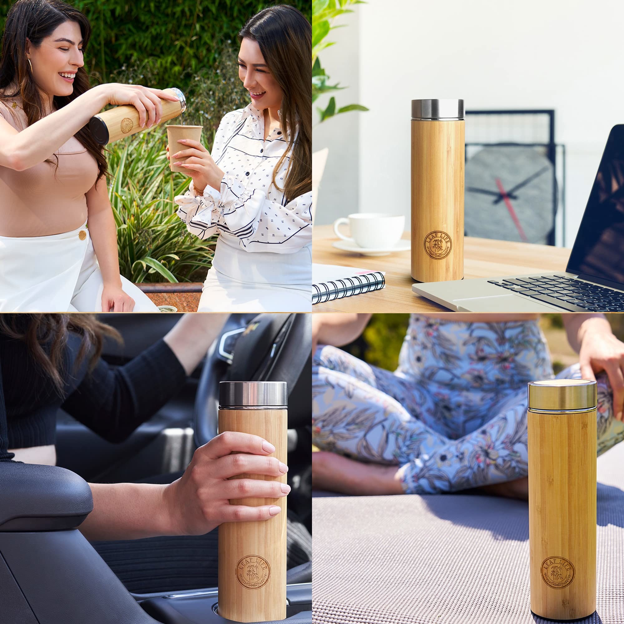 17 Oz-Bambuood Premium Vacuum Insulated Stainless Steel Bamboo Tumbler Leak Proof Bamboo Tumbler Thermos For Loose Leaf Tea Coffee Fruit-Infused