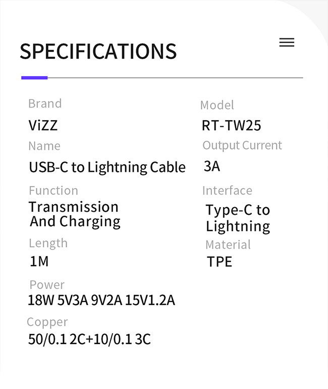 Safety Ecofriendly PD Lightning 3A TW25 USB Charging Cables