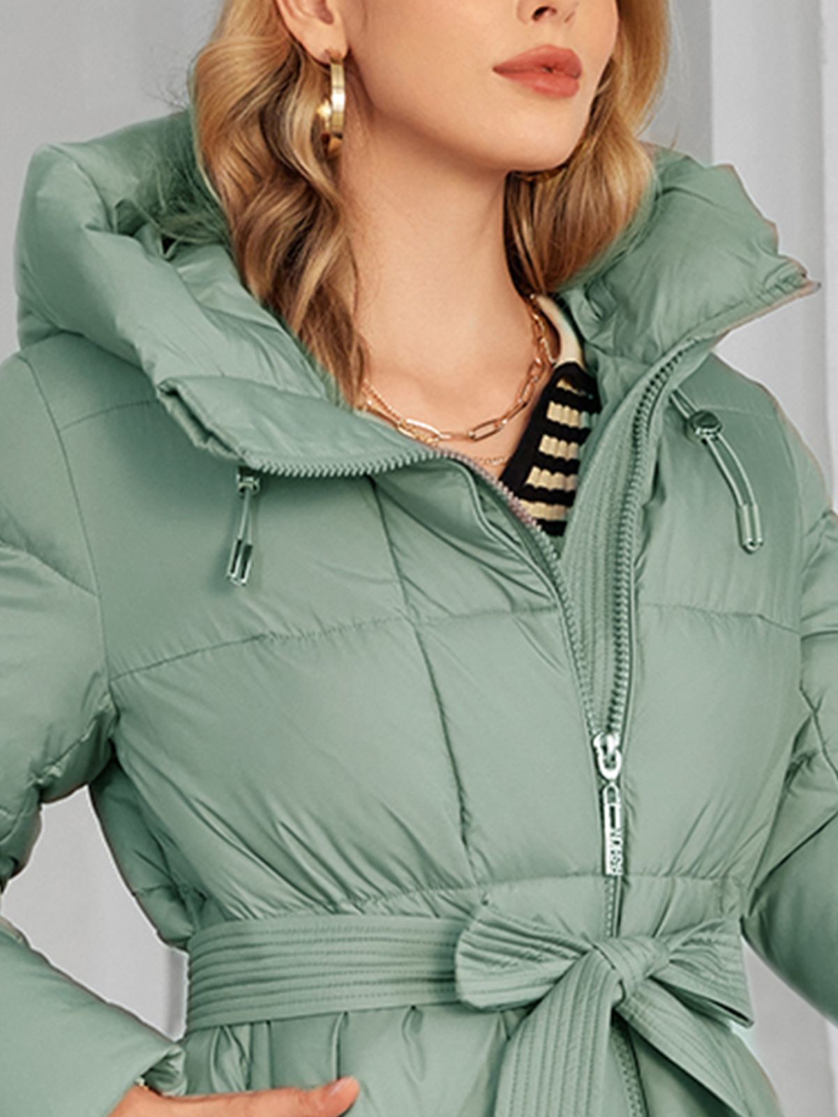 Bio Fluff Woman Coat Hooded Thickened Long Cotton Coat with Slanted Placket and Pleats Available in Multiple Size Options