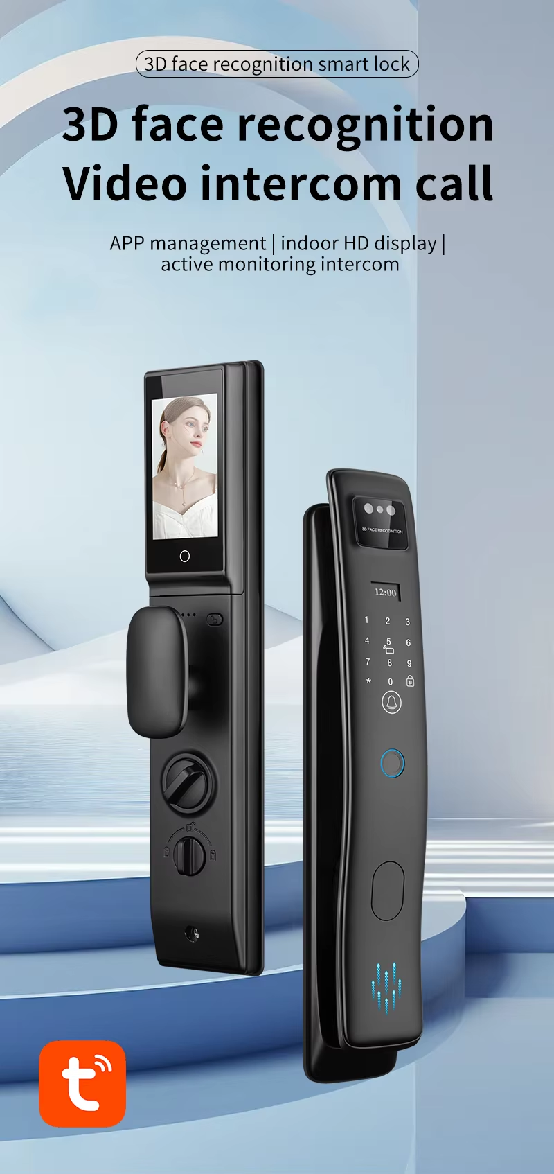 Electronic Door Lock With 3D Face ID Video Calling Fingerprint Card Key Code Tuya APP