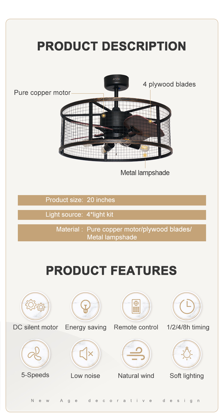20 Inch Small Bedroom Ceiling Fan with Light MDF Blades Metal Cage Remote Control