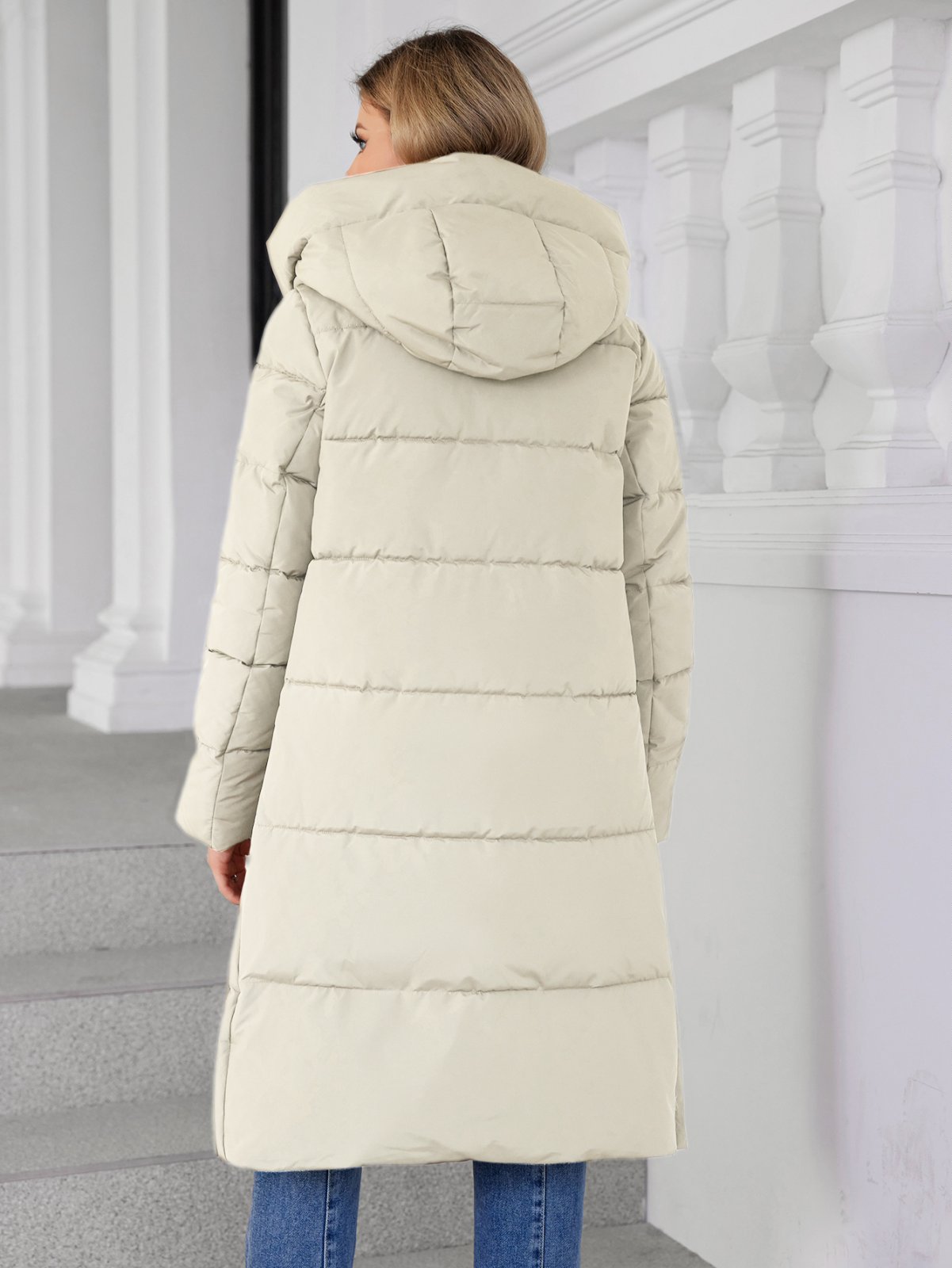 lower knees Length, Thickened Down / Cotton Jacket,  water proof, windproof black women coat, inside-outside contrast colours