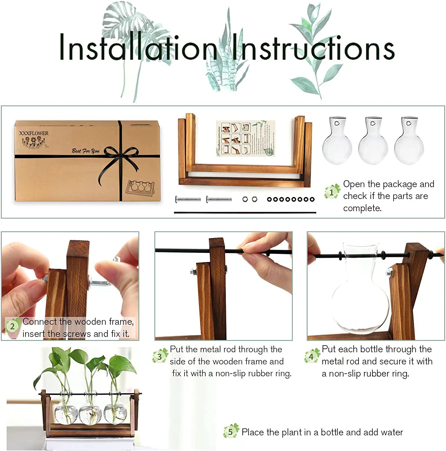 Desktop Glass Planter Plant Terrarium with Retro Solid Wooden Stand and Metal Swivel Holder for Home Office Decorations