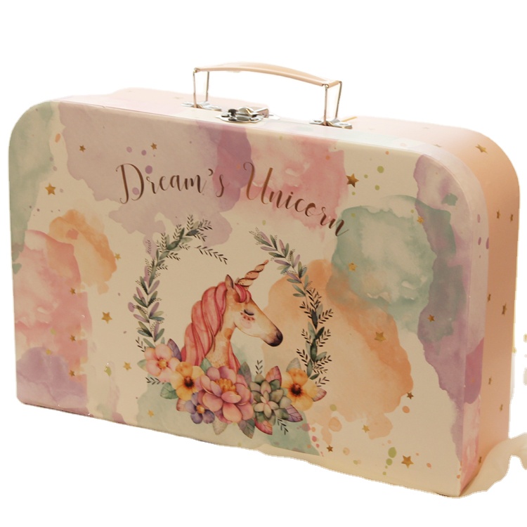 Kawayi Cute Mini Rigid Cardboard Suitcase Gift Box For Kids Printing Handling Stamping