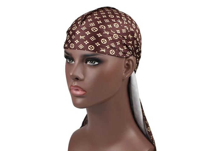 Small Print Brown LV Silk Silky Satin Designer Durag Supplier Bulk Wholesale