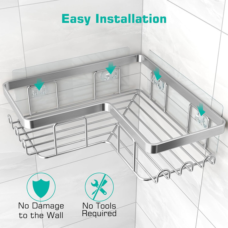 Anti-rust Hanging Large Capacity Stainless Steel Shower Caddy with Adhesive for Corner Space