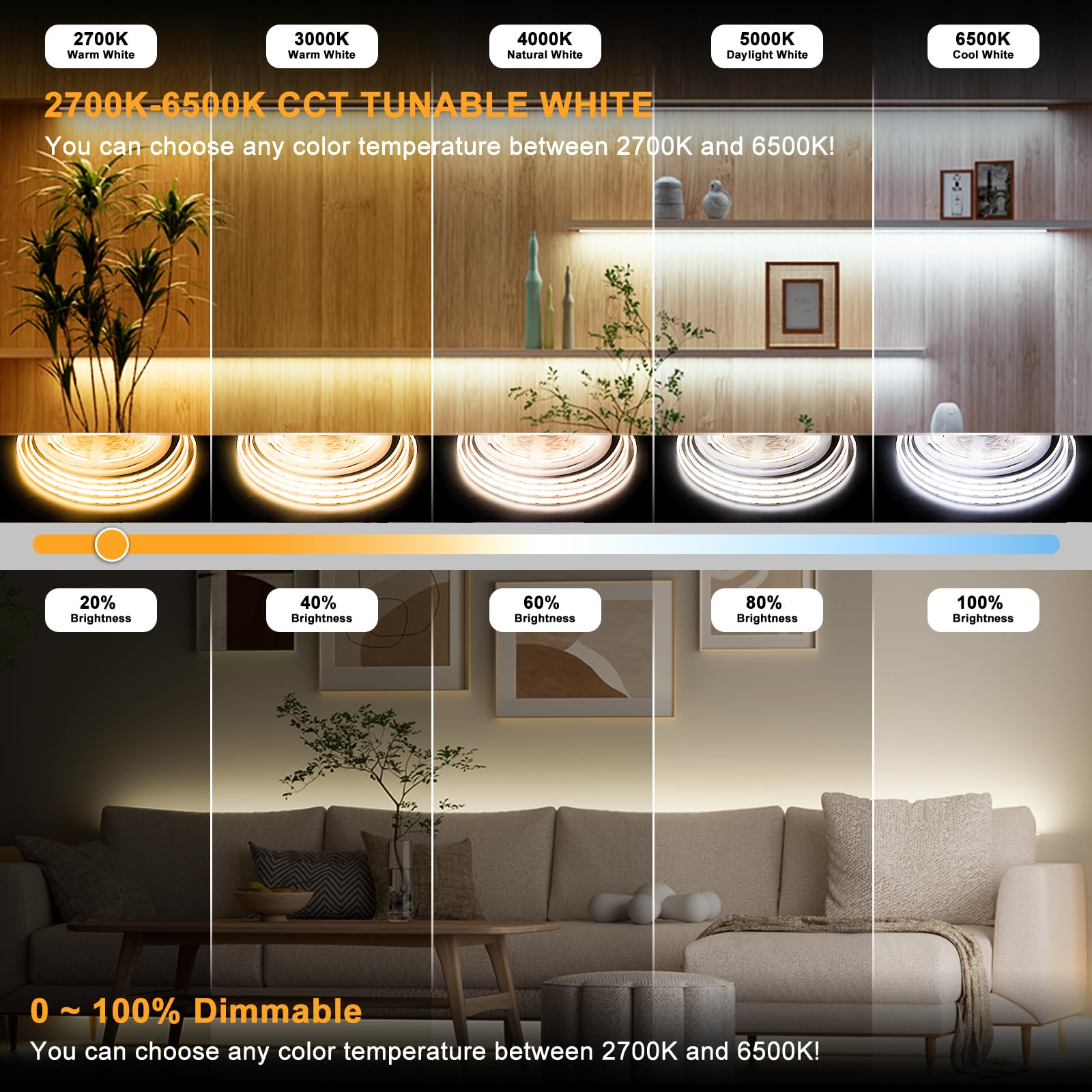 LED COB Light Strip 5m 24V CRI90 3200LED Adjustable White CCT 2700K-6500K Tape Light Kit