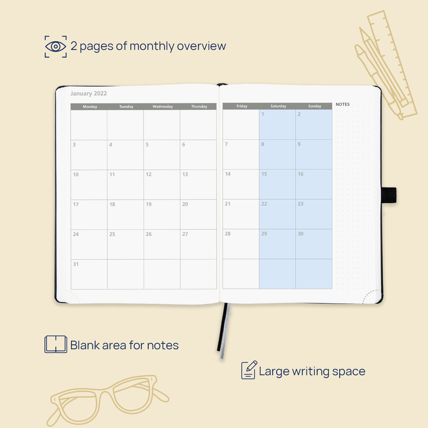 80GSM Two Page Weekly Planner Calendar 2023 Hard Leatherette Cover