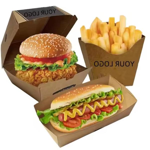 Custom Eco-Friendly Burger Fry Boxes Biodegradable Kraft Takeaway Packaging with