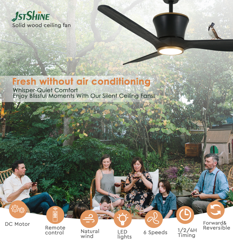 Pure Copper DC Power Source Black Wooden Blades LED Ceiling Fan with 3 Color Lighting