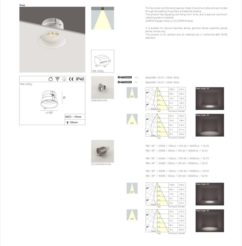Halogen GU10 GU5.3 Lamp Holder Recessed LED Downlight Anti - Glare Deep Lamp