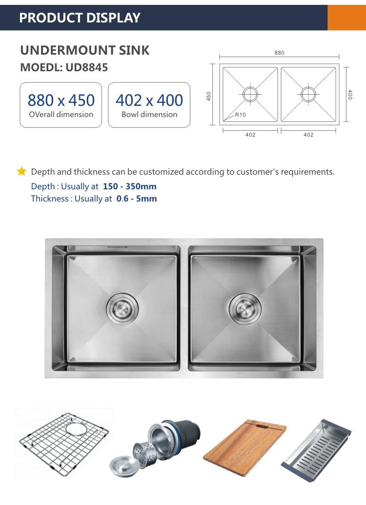 Brushed 16 Gauge Kitchen Sink Undermount SS Apron Sink 50 50 88x45