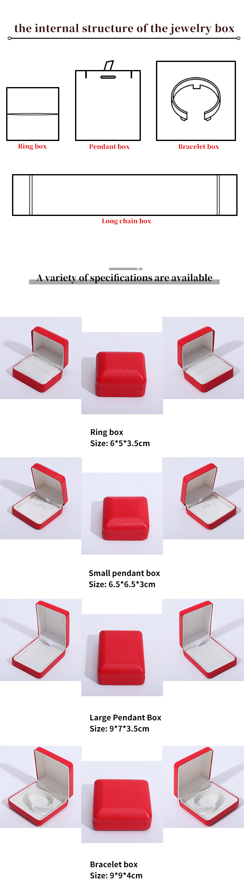 Red Convex Roof PU Leather Luxury Jewelry Box Set with Snow Grain Velvet Lining