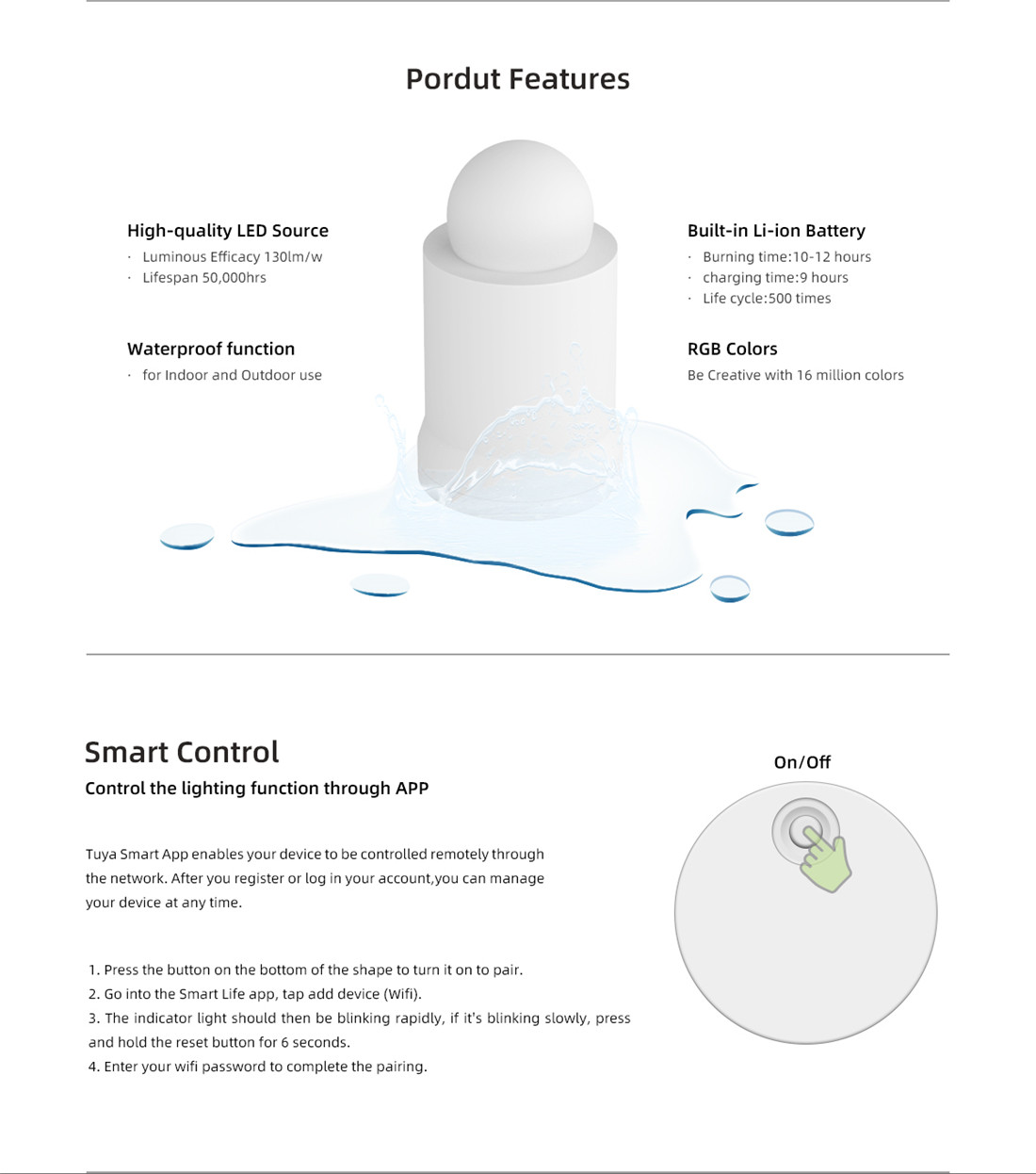 Wi-Fi Rechargeable Flameless Flickering LED Candle Light, Smart Battery Operated Waterproof Ambiance Lihgt