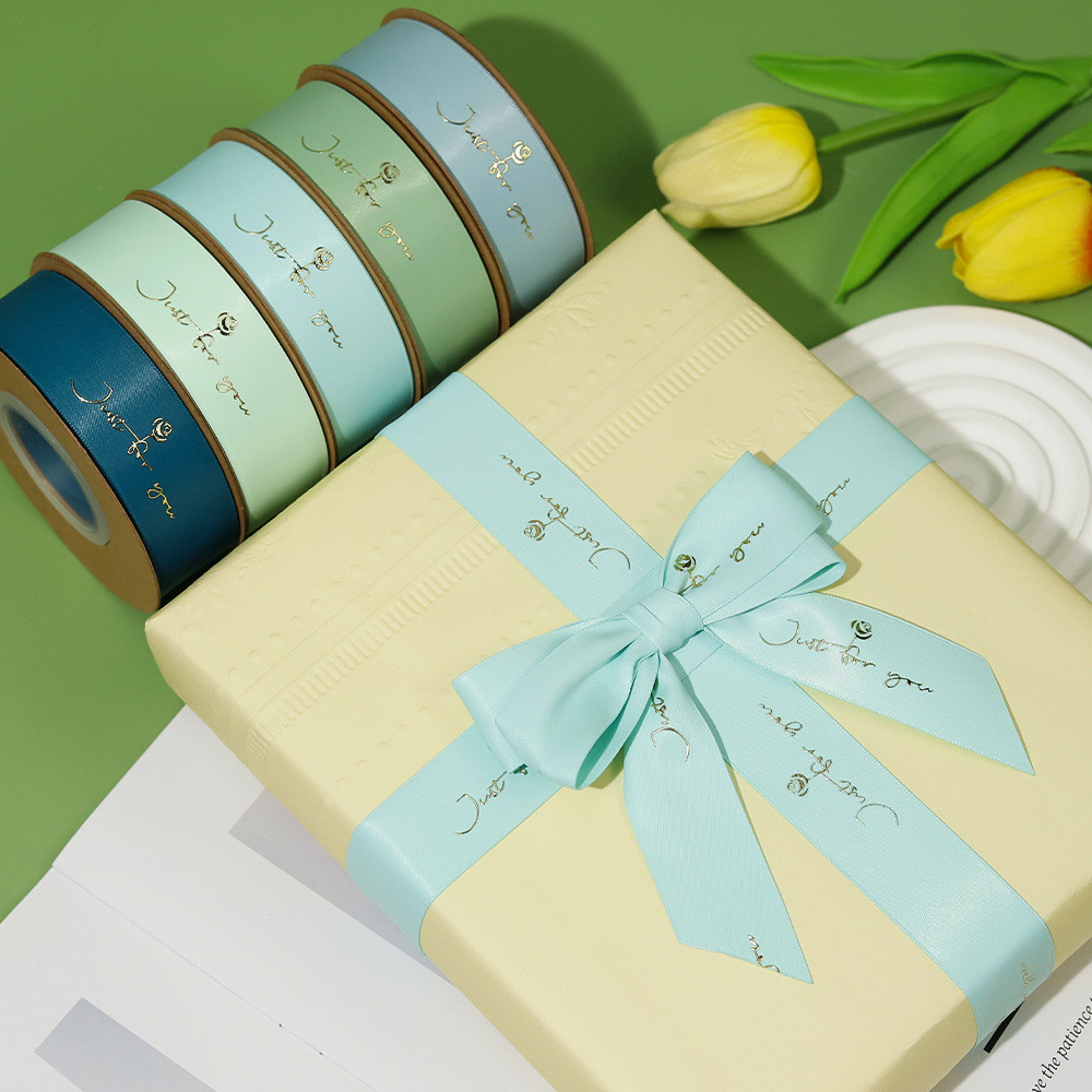 Customized Gold Foil Printed Polyeater Satin Ribbon for Gift Packing