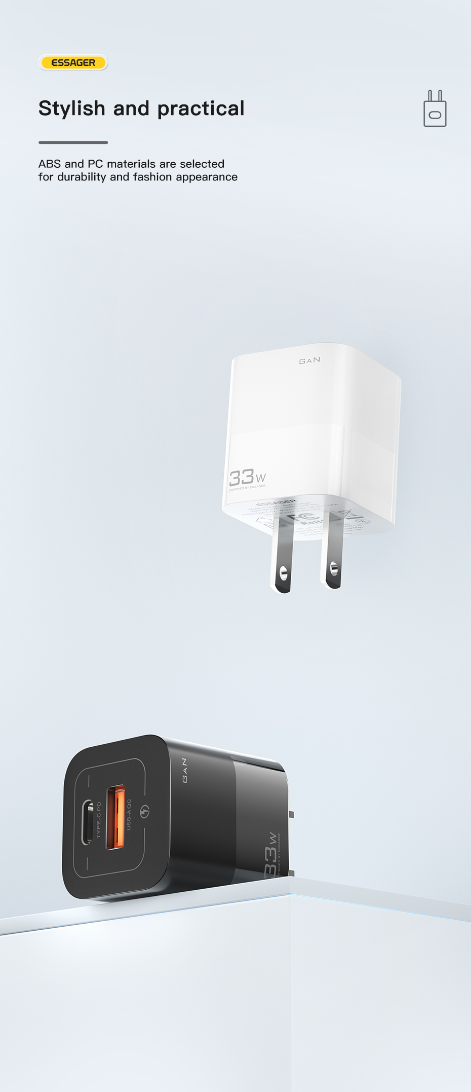Square Brick Type C Small Travel Fast Cellphone Charger 33w 5A With GaN US Plug USB Port