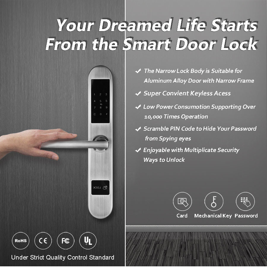 Silver Color Aluminum Sliding Door Lock Unlock By Card And Password