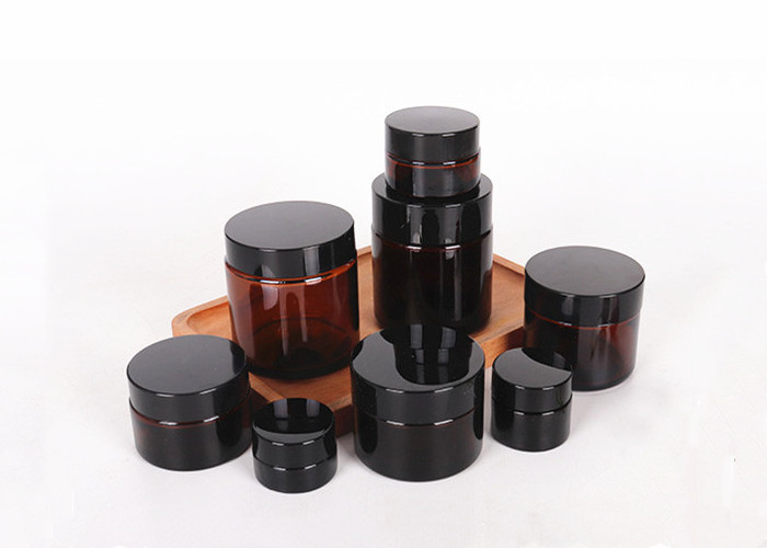 Round Cosmetic Container Refillable Empty Mini Eye Cream Face Cream Amber Glass Jar With Black Lids