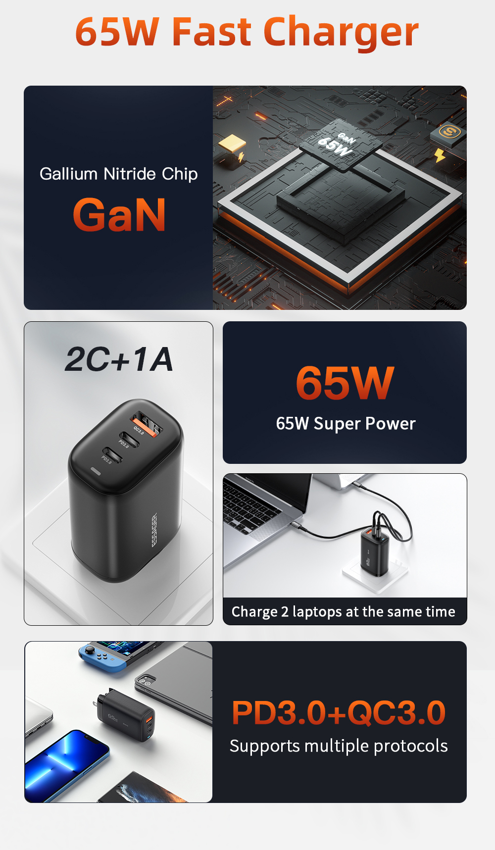 Quick GaN Wall Charger C+A 65W High Power PD 65w Fast Phone Charger For Android