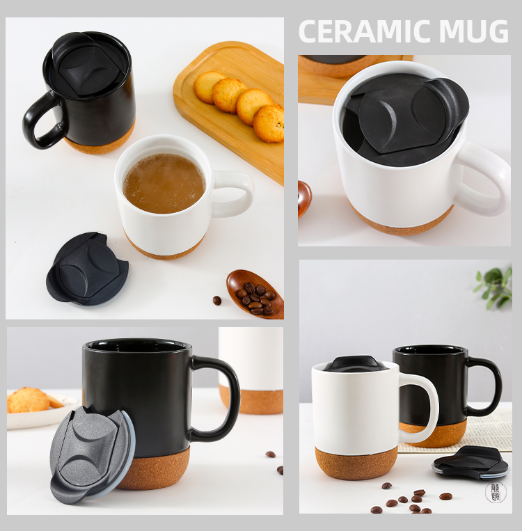 Matte black white ceramics travel mugs cork bottom customizable porcelain ceramic coffee mugs with lid and handle