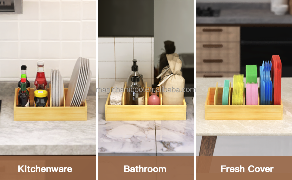 Bamboo Food Container Lid Organizer with Adjustable Dividers 30.49 x 25.41 x 6.36 CM