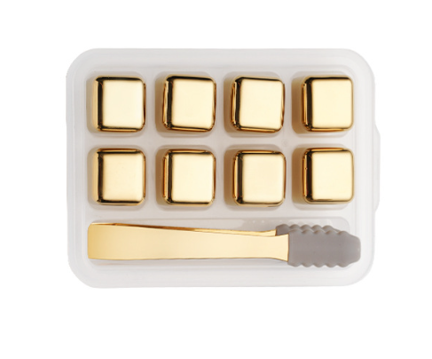 Whiskey Stainless Steel Stones Gift Set 8 Golden Ice Cubes Reusable Chilling Rocks