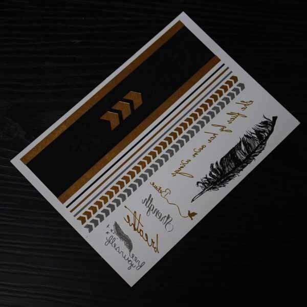 Gold foil water tattoo sticker. Metallic tattoo sticker. gold, silver & black
