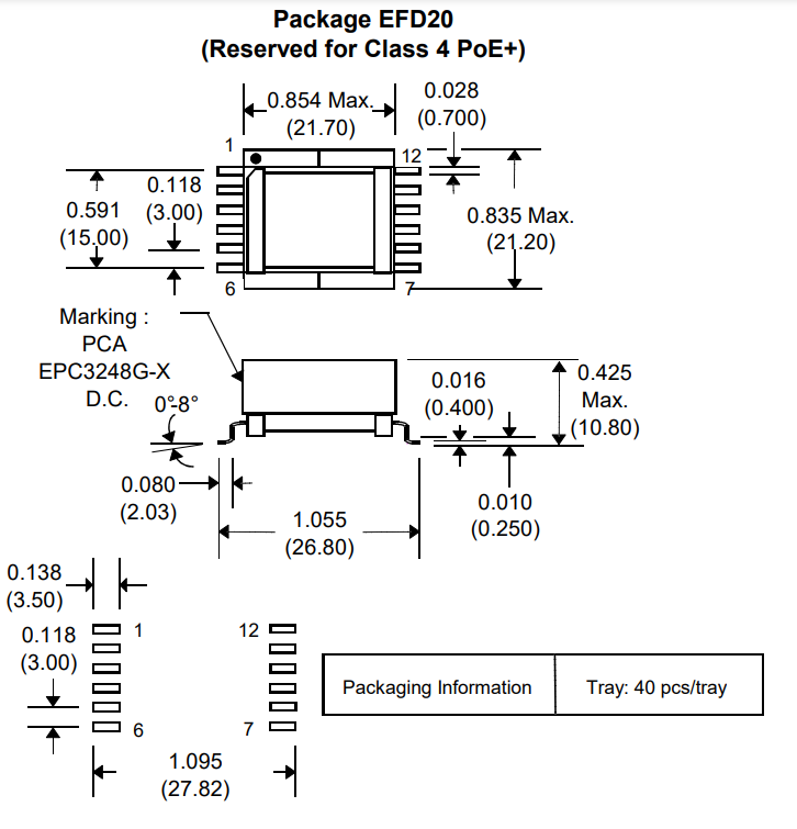 Surface Mount PoE Power over Ethernet Transformer for DC/DC Converter EPC3248G-13