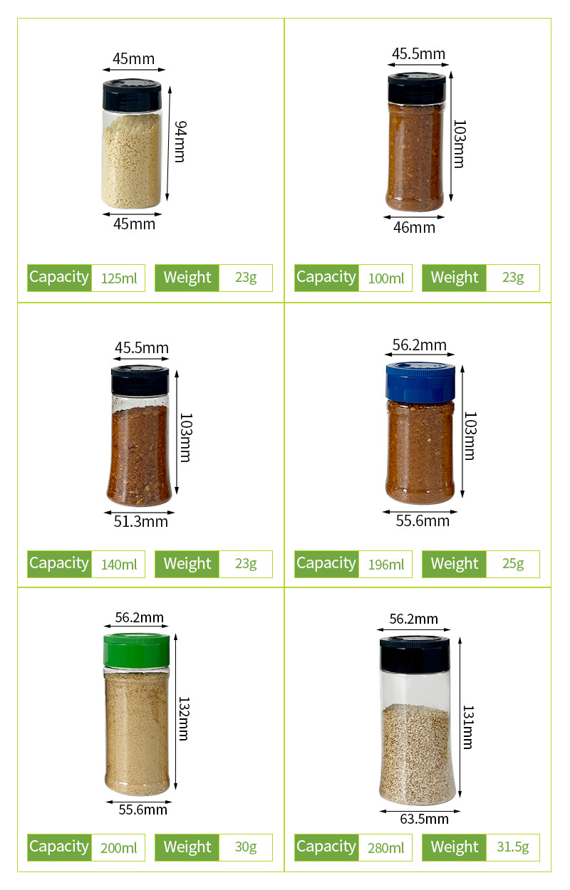 Transparent PET Plastic Kitchen Powder Spice Seasoning Shaker Container Jar