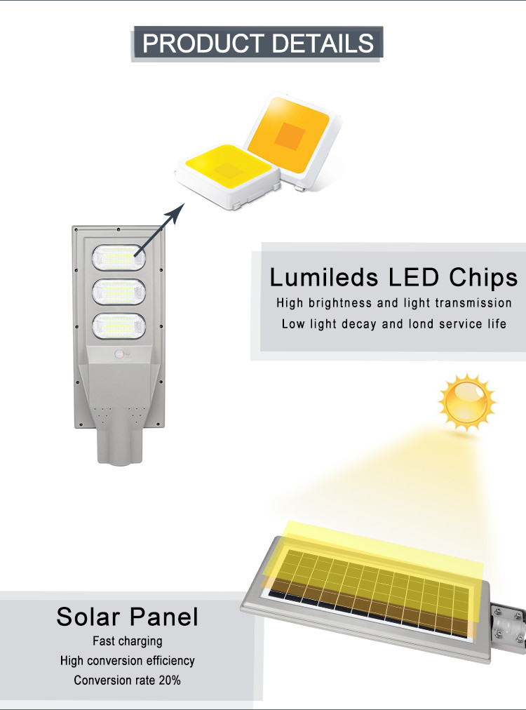 100 W 200 W 300 W Solar Powered LED Street Lights SMD2835 LiFePO4 Battery