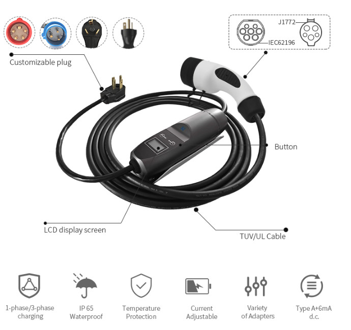 Fast Portable EV Charger Input Voltage 110V-240V 32A Type 1/Type 2 7KW EU Standard