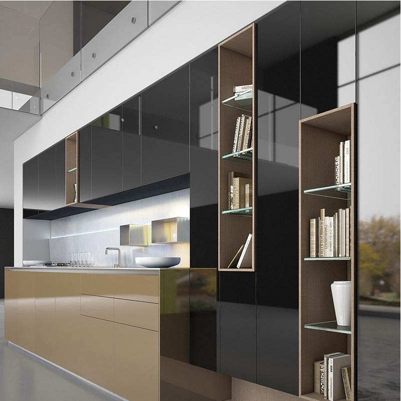 Modular Kitchen Cabinet with Quartz Stone Countertop and Lacquer Plywood Glossy Finish