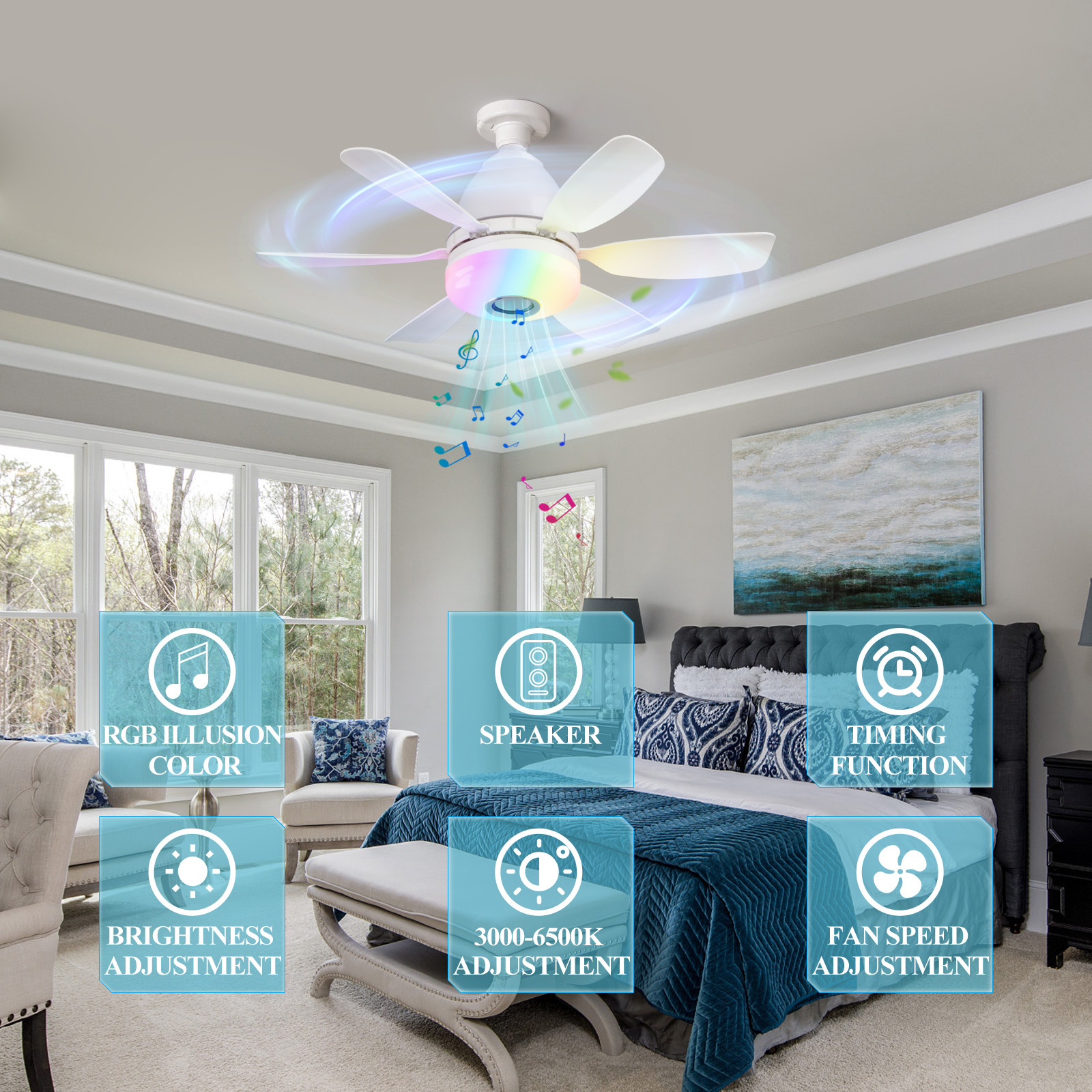 Intelligent Dimming Home Decoration Ceiling Fan , Moving Head 360 Rotating Ceiling Fan