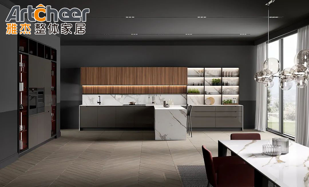 Modern Kitchen Furniture Gray Melamine L Shaped Cabinet Set with Pantry Cupboard