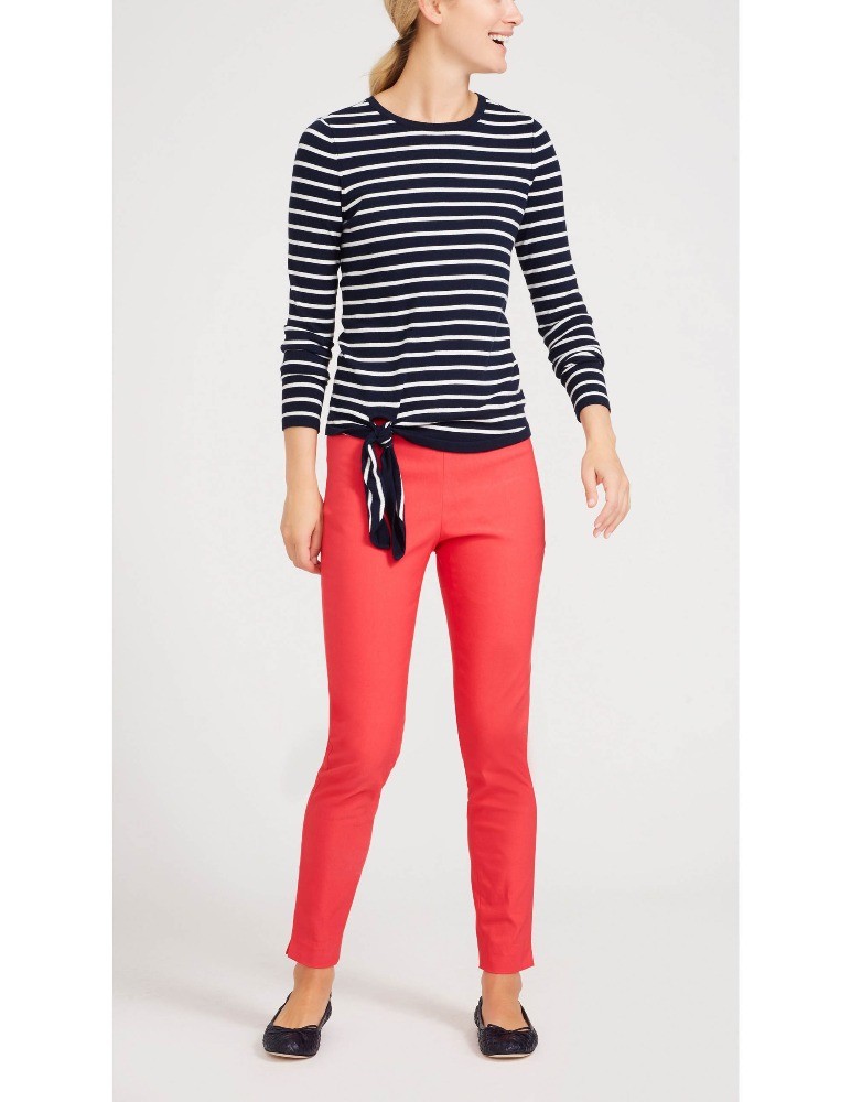 WOMEN'S 54% COTTON/44% MODAL/2% SPANDEX PULLOVER KNITTED STRIPE SWEATER WITH TIE FRONT