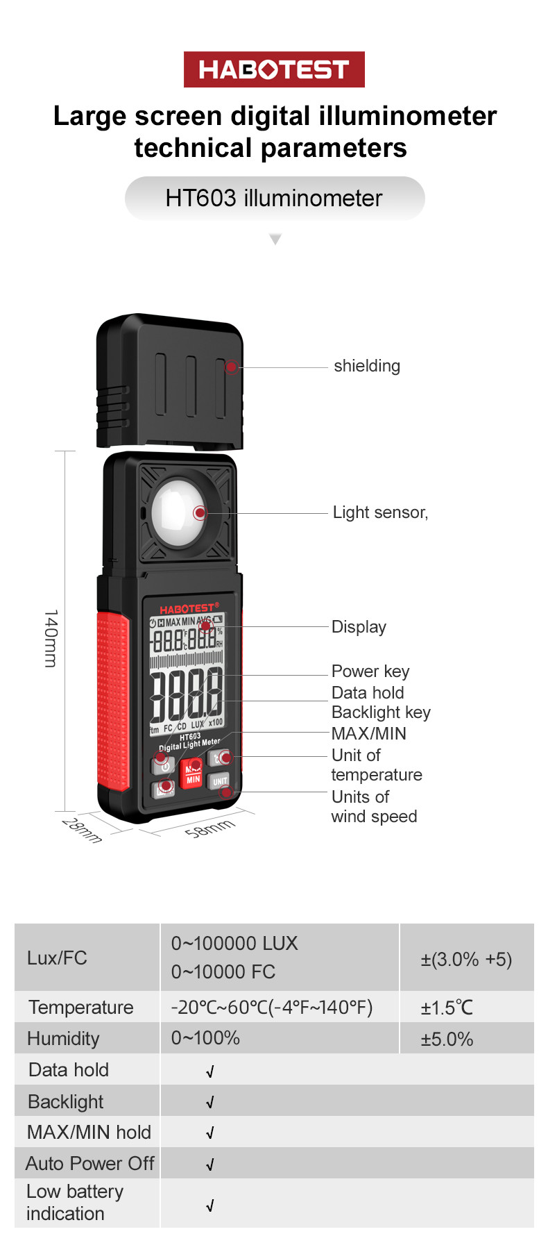 HT603 200,000 Lux Auto Digital Lux Meter Light Meter Digital Illuminance Meter