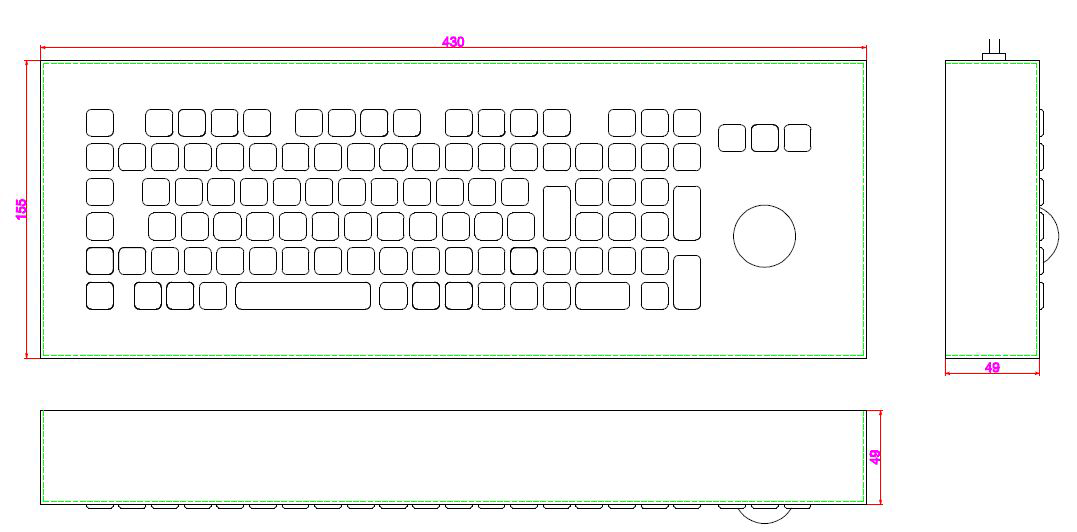 Compact Format Long Stroke vandal proof ruggedized industrial keyboard with trackball